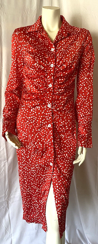 GLAMAKER Mujeres Rojo Lunares ceñidos al cuerpo Satén Botones Mangas Largas Vestido Midi L - Imagen 7 de 8