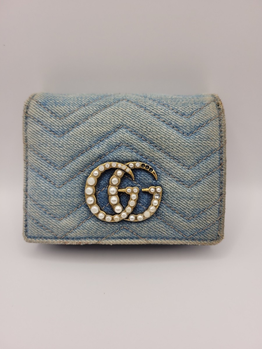GUCCI Blue Quilted Denim Pearl GG Marmont Small Flap Wallet Card