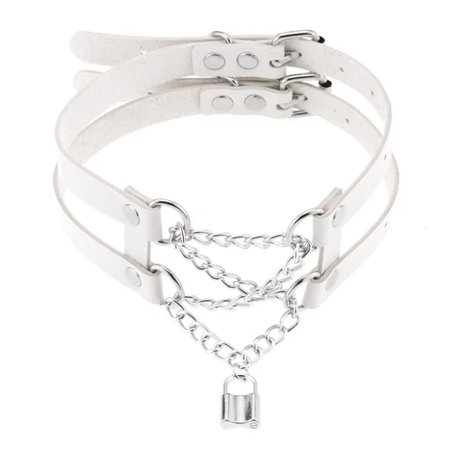 Double Belt Punk Choker with Cross Chain Lock Pendant Gothic Collar - Picture 27 of 37