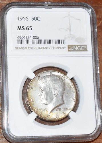 1966 40% Silver Kennedy JFK Half Dollar Lightly Toned Uncirculated Coin NGC MS65