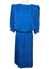 Argenti Blue Silk Blouse Pleated Skirt 6 Vintage 80's 2-Piece Retrro