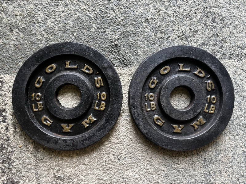Vintage GOLD'S GYM Olympic Barbell (2) 10lb Weight Plates Rare HTF Total 20lbs