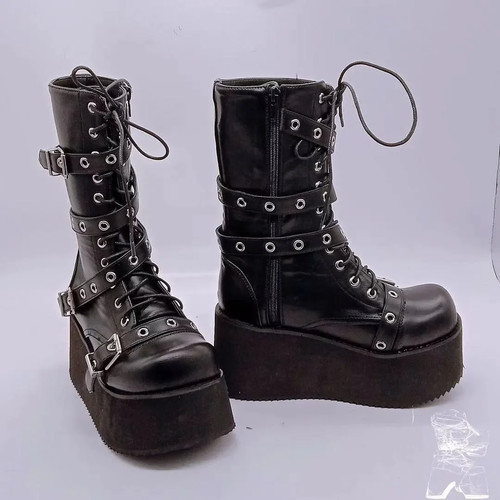 Women Boots Buckle Round Toe Wedges Platform Punk Goth Street Shoes Combat Black - Picture 3 of 10