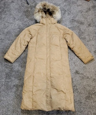 Cabelas Goose Down Parka Womens Medium Tan Microfiber Suede Coyote Fur Trim Long