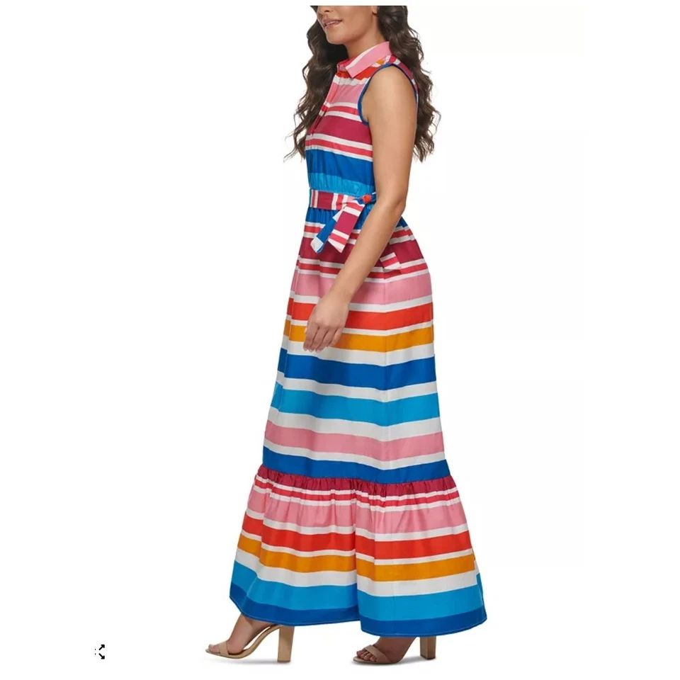 Maxi Vestido Kensie Para Mujer Rayas Cuello Sin Mangas Cinturón Maxi Vestido Talla 8 Foto 3 de 4