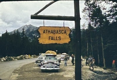 Original Slide  1950's  Canada Athabasca Falls Jasper Natl Park Sign W Cars