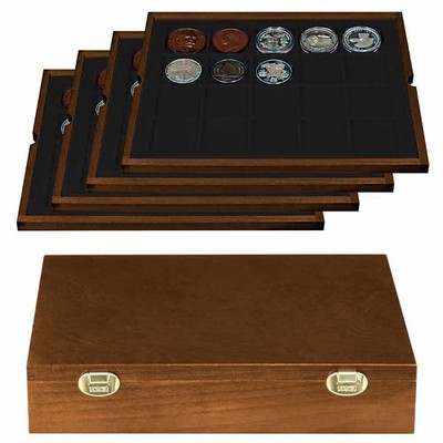 LINDNER Echtholz Münzkassette mit 4 schwarzen Tableaus für 80 Münzen/Münzkaps...