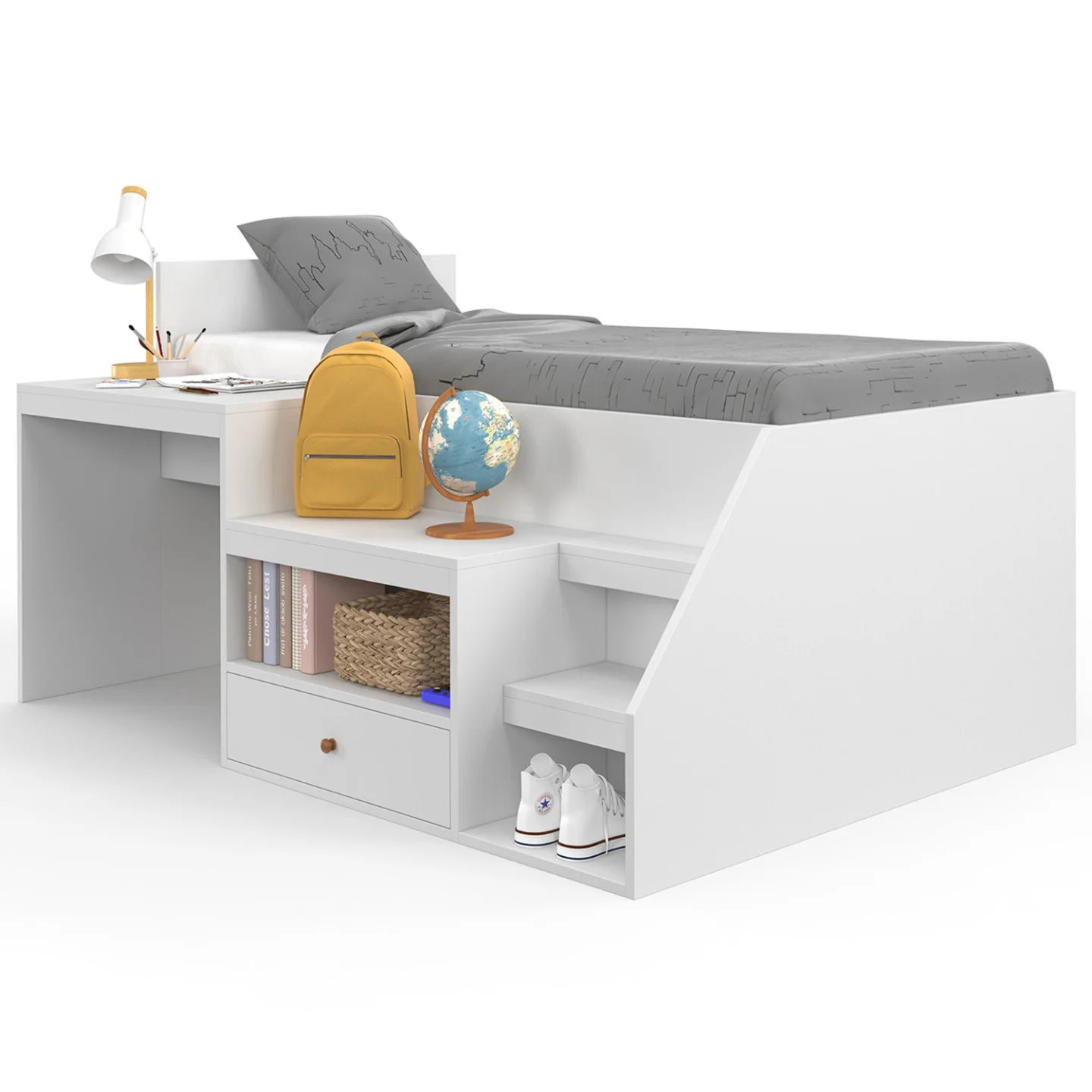 Lit mezzanine enfant blanc 90x190 cm avec bureau coulissant LEOPOLD