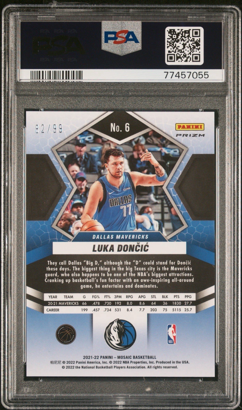 2021 Panini Mosaic Luka Doncic #6 Blue Mosaic /99 PSA 10 view 2