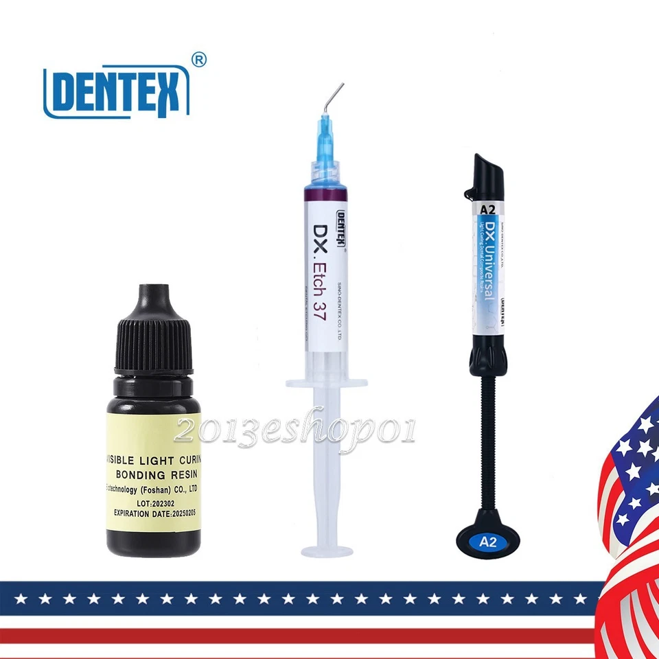 DENTEX Dental Universal Light Cure Composite Resin A2 /Etching Gel/Bonding Adhesive Kit