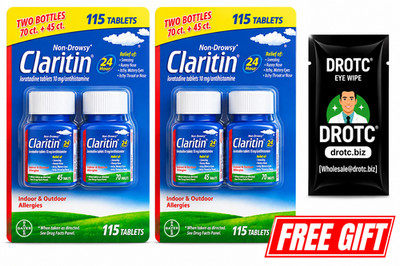 Claritin 24Hr Allergy 115 Tablets 2-Pack + Free DR OTC Eye Wipe EXP: 11/2027