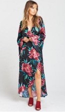 SHOW me your MUMU Black Floral Boho Print Anita Wrap Maxi Dress Kaftan M = 6/8