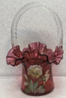 Fenton Cranberry Ruffled Basket Hand Painted Pansies By P. Lane Excellent