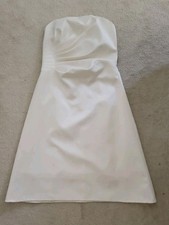 ABS White Strapless Midi Satin A-Line Dress, Corset, Ruching Wedding Ceremony