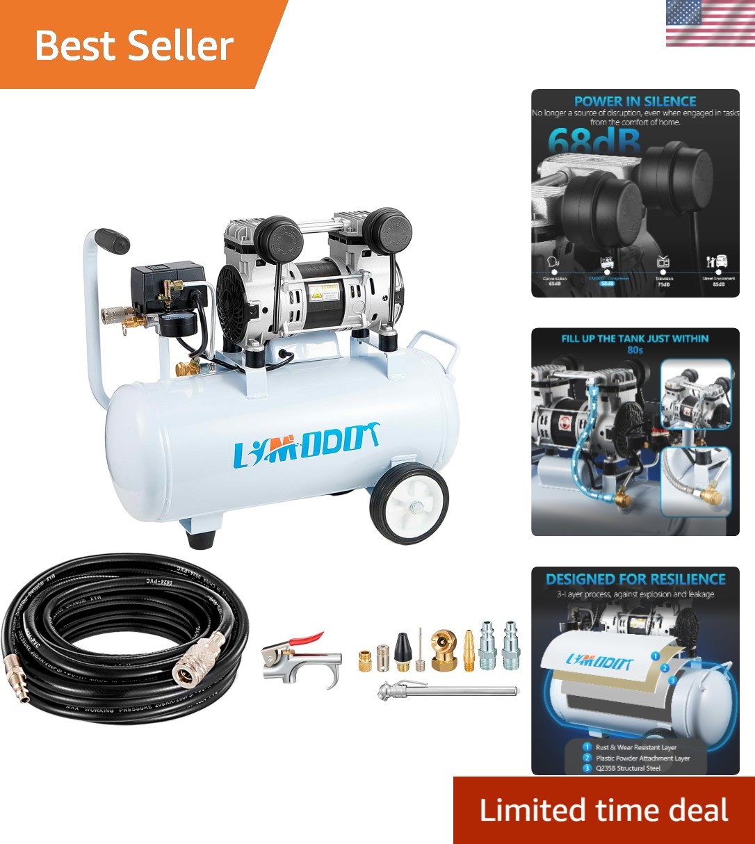 5 Gallon Electric Air Compressor, Oil-Free, 68dB Quiet, Perf