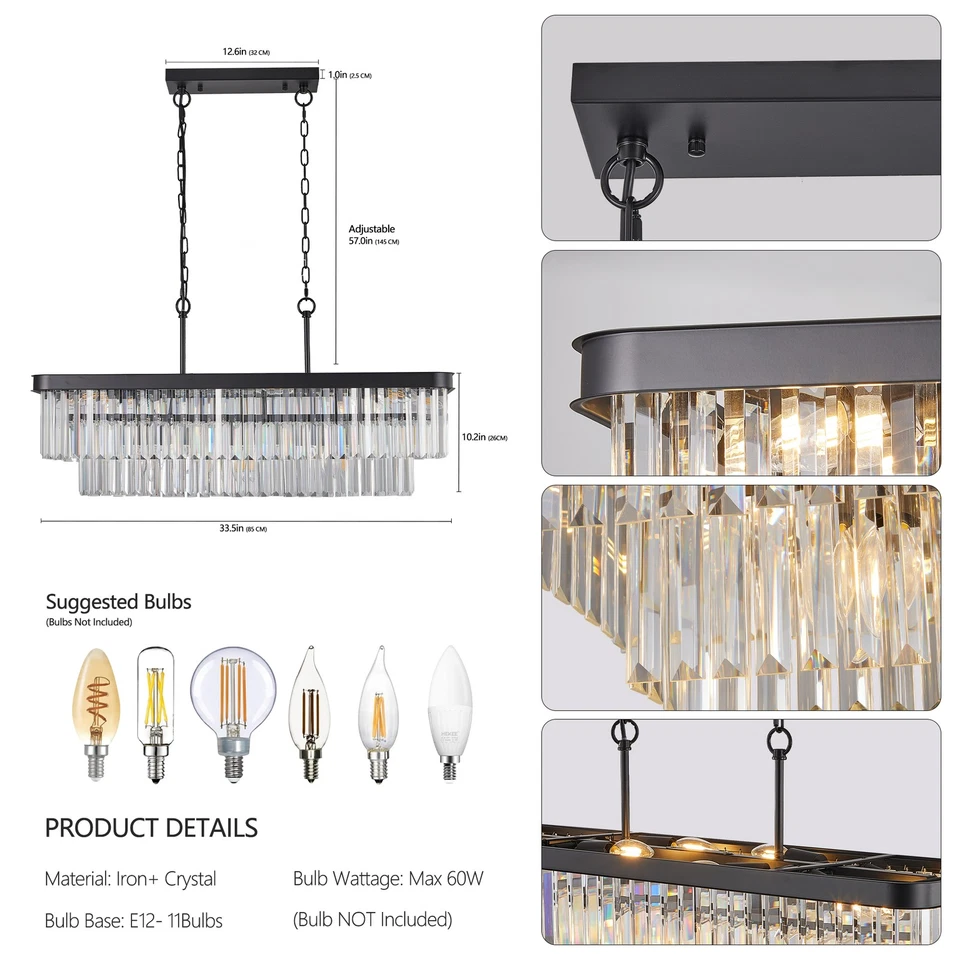 34" Modern K9 Crystal Chandelier Black Rectangle Pendant Ceiling Light Fixtures - Image 2 of 4