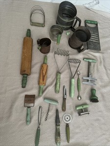 Lot VTG Antique Green Wood Handle Kitchen Utensils Farm House Decor