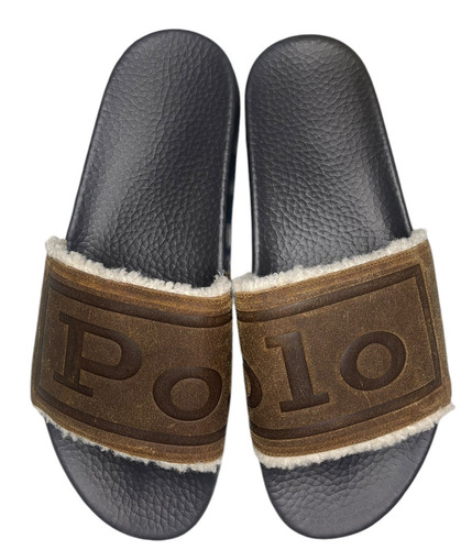 POLO RALPH LAUREN Size 10 Men's Shoes Slide Sandal Brown Suede Shearling NWOB