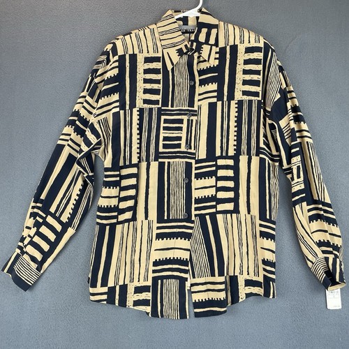 VTG Ellen Tracy 100% Silk Blouse Sz 6 NWT Tan Black Long Sleeve Button Up Print