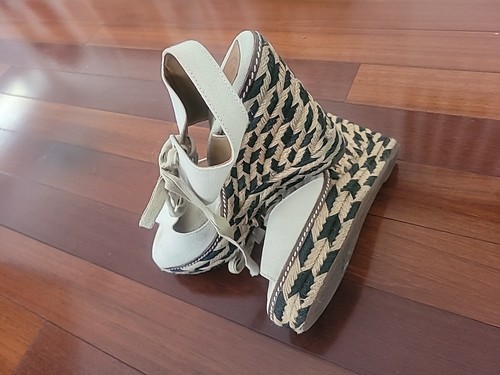 Tory Burch Brown Canvas W/ Green & Tan Wedge Espadrille Heels, Size 10 (US) - Picture 2 of 5