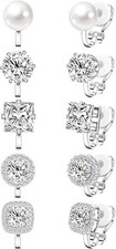 Clip On Earrings for Women 5 Pair Cubic Zirconia Silver Non Pierced Stud Earring