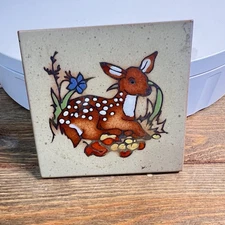 Artist Cleo Teissedre Baby Deer Wall Hanging Ceramic Tile Trivet Hand Painted