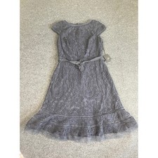 Adrianna Papell Navy Blue Wedding Guest Lace Fit & Flare Dress with Sash Size 8