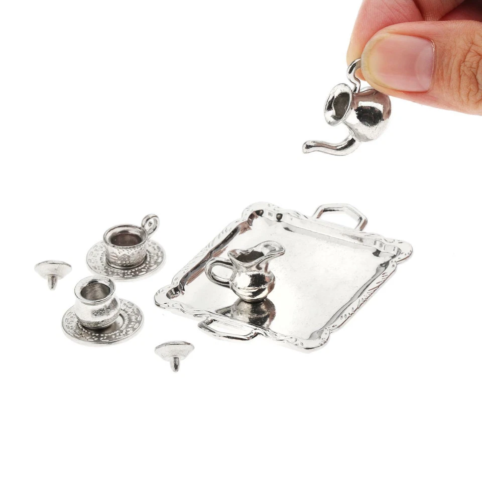 Dollhouse 1:12 Scale Pocket Miniature Silver Metal Tea Set Coffee Set Decoration - Image 3 of 4