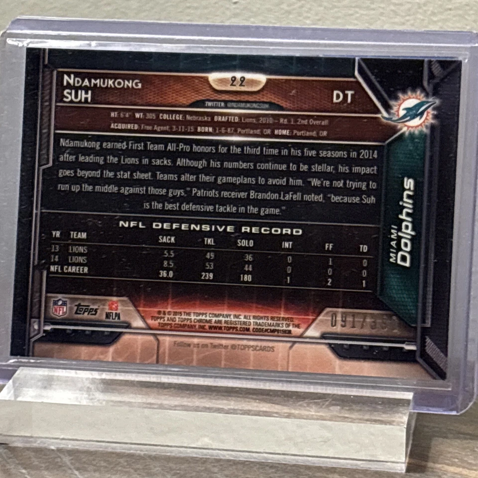 🔥2015 Topps Chrome BCA Pink Refractor /399 Ndamukong Suh #22 MINT CONDITION - Image 2 of 3