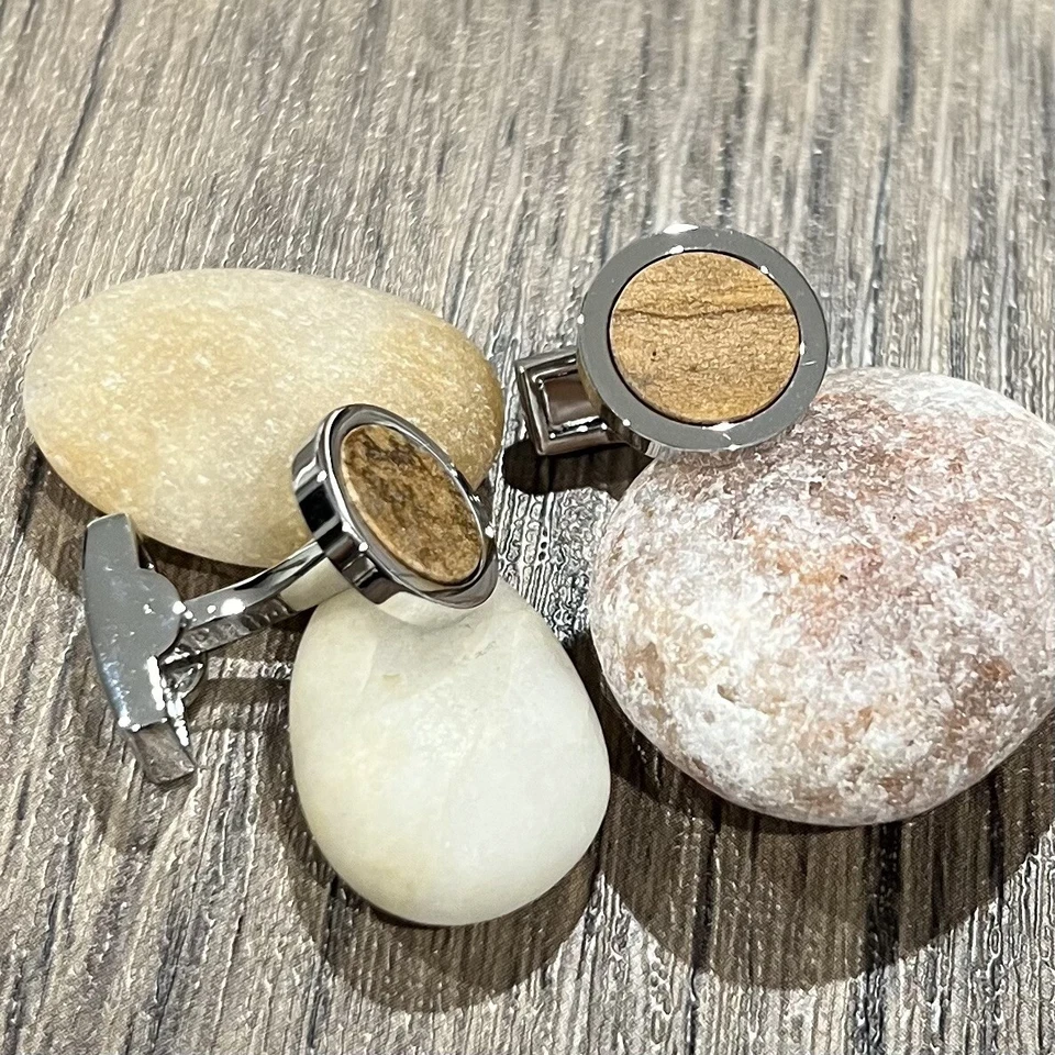 Gemelos redondos de piedra marrón para hombre cumpleaños boda regalo gemelos en caja Foto 2 de 4