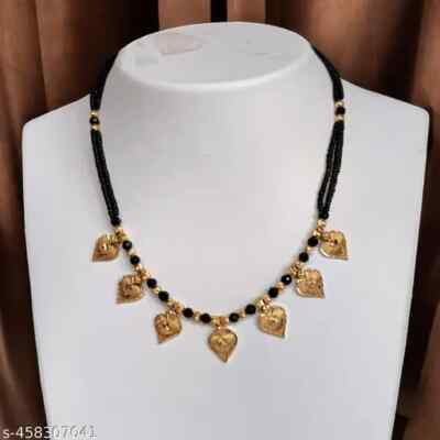 Mangalsutra Indien Traditionnel - Collier Perles Noires Et Dorées Oxydé Avec Pendentif Cœur En Perle