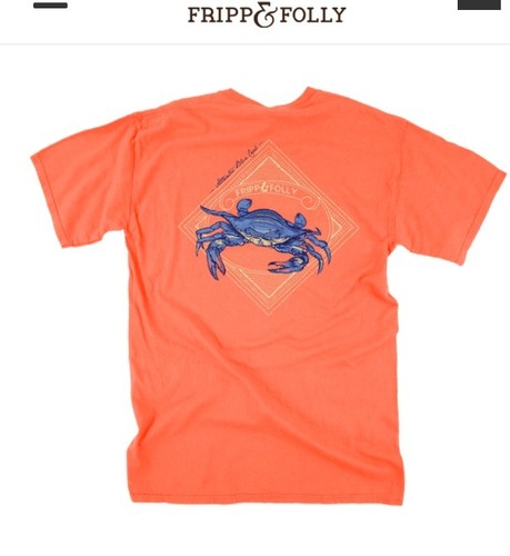 fripp&folly blue crab on neon orange t-shirt w/ front pocket