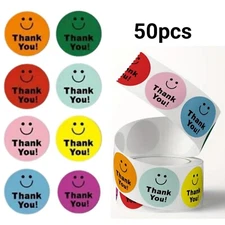50 " Thank You " Smile Stickers 1inch Round Multicolor