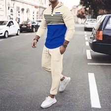 Men Waffle Tracksuit Outfit 2-Piece Set Long Sleeve Shirt and Pants Set