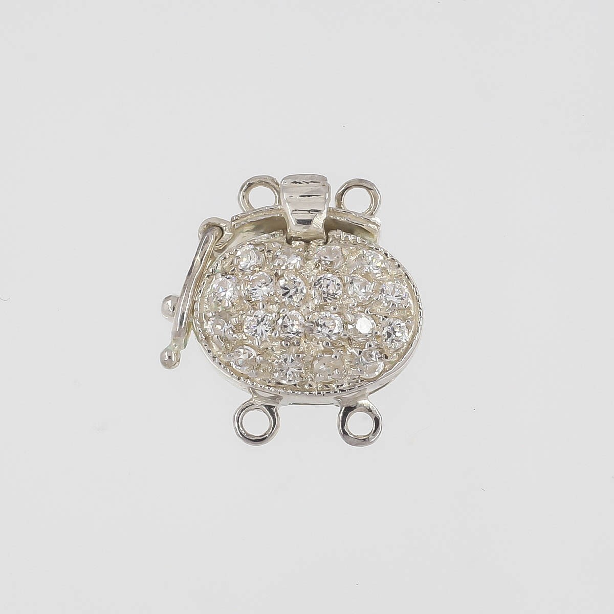 Sterling Silver Clear CZ 2 Strand Oval Pearl Box Clasp with Secure 