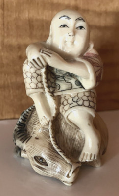 MAN SITTING ON RESTING WATER BUFFALO OX carved & etched resin ~ signed Netsuke