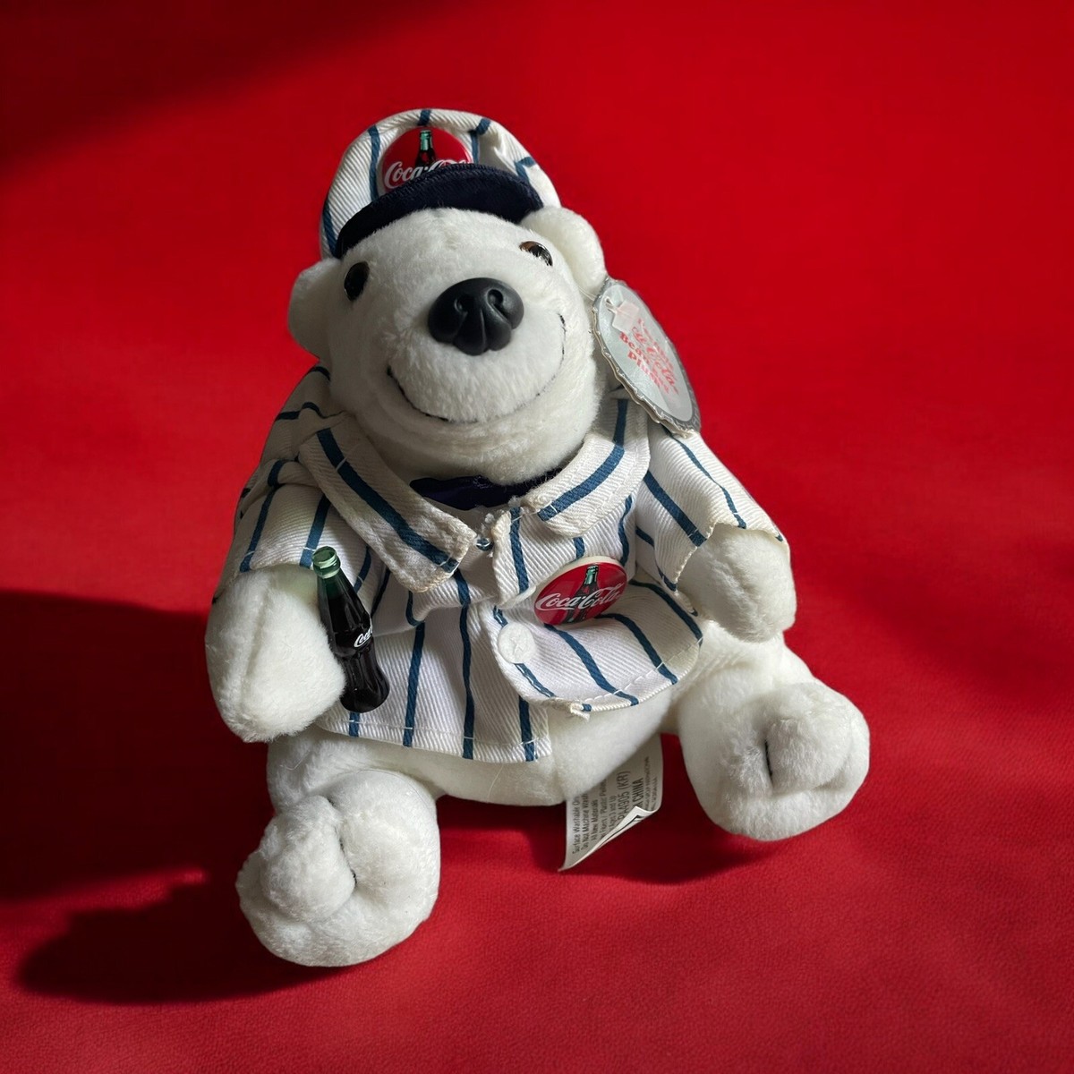 Coca Cola Polar Bear Dressed in Blue Striped Delivery Suit Bean