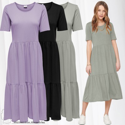 JDY Damen Midi Rüschen Kleid Locker Wadenlang Maxi Blusen Dress Kurzarm