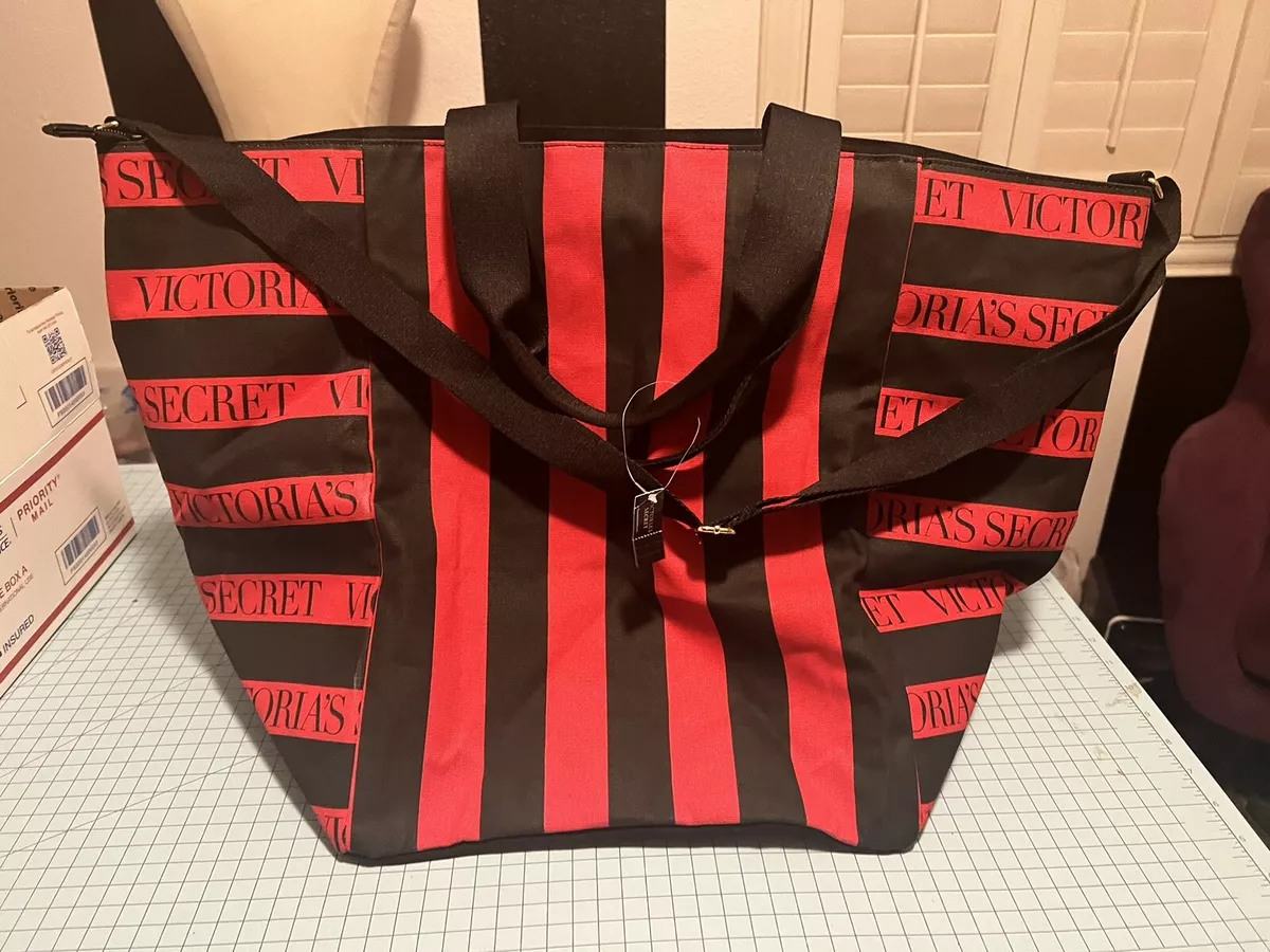 VICTORIAS SECRET THE PERFECT RED WEEKENDER TOTE BEACH BAG ZIPPER BLACK  STRIPED