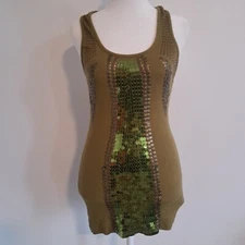 0705 - M Heart M Size Medium Green Tank Top with Metal and Sequin Accents