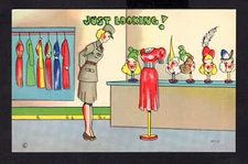 Vintage Linen Postcard - "Just Looking" WWII Comical Funny Female Military