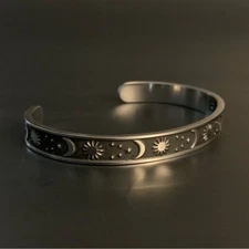 Stainless Steel Celestial Design Sun & Moon Adjustable Cuff Bracelet For Her