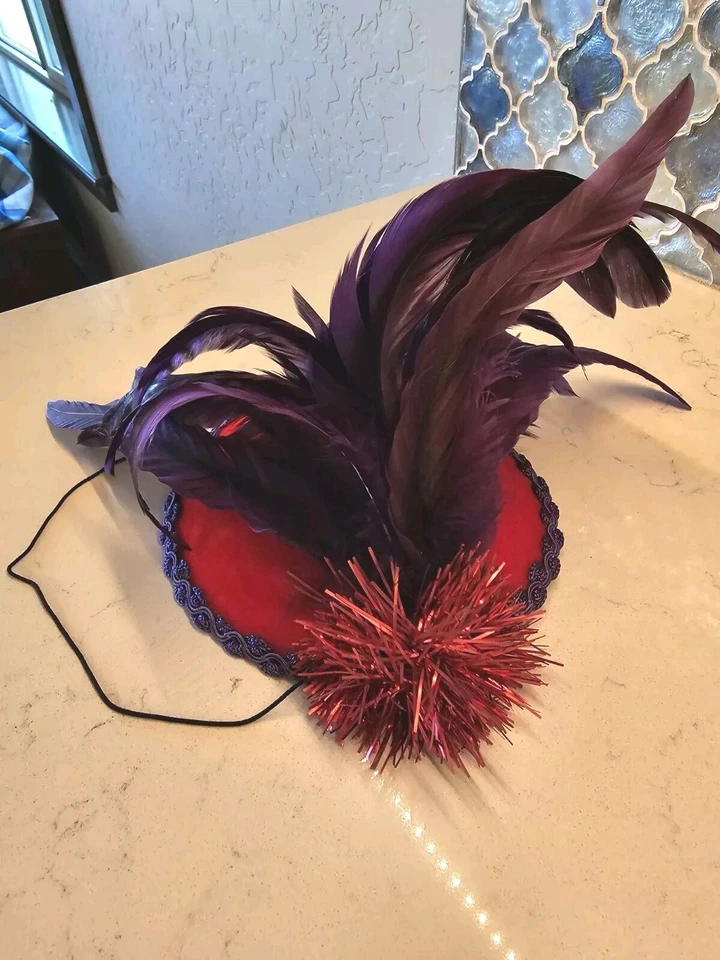 Vtg Mardi Gras Feather Hat Red Purple Hat Society Tuzzie Muzzie Handmade CA - Image 2 of 4