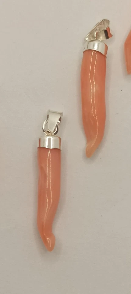 CIONDOLO CORNO CORNETTO CORALLO ROSA NATURALE ARGENTO 925/1000 RODIATO EXPLOIT - Immagine 4 di 4