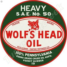 Wolf's Head Oil Heavy S.A.E. No. 50 11.75" Round Metal Sign