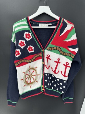 Kin Rogers Vintage Sailing Sail Boat Knit Cardigan Sweater Womens S RAMIE cotton