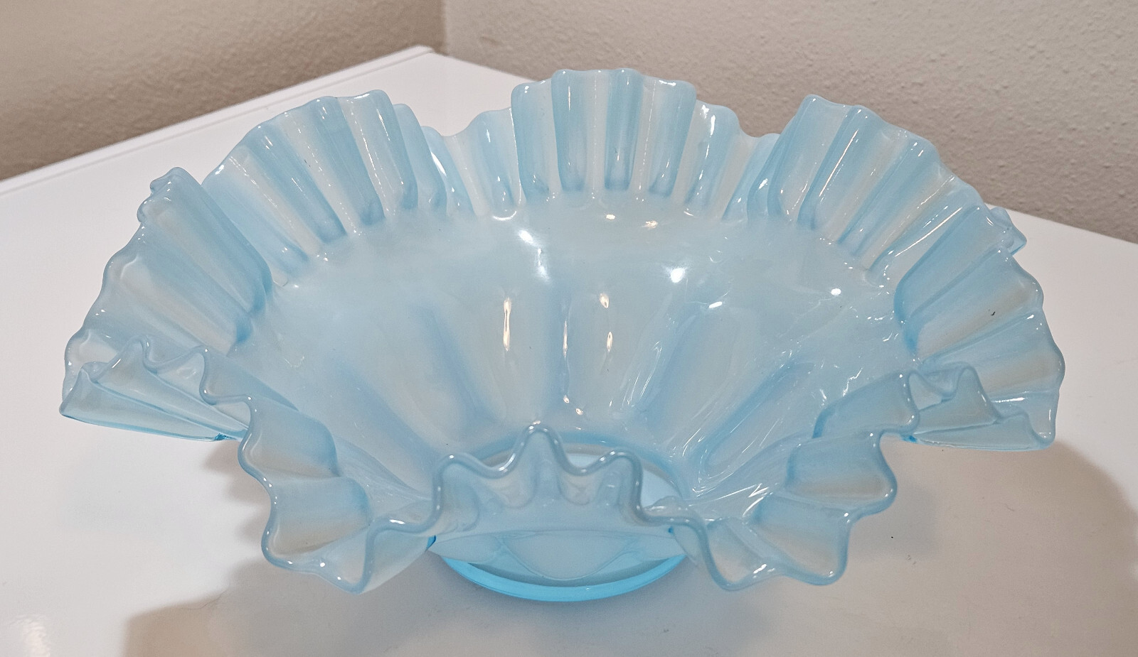 Vintage Fenton Aqua Blue Glass Bowl Ruffled, 11