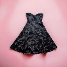 White House Black Market Black Strapless Satin Dress Floral Embroidered Size 6