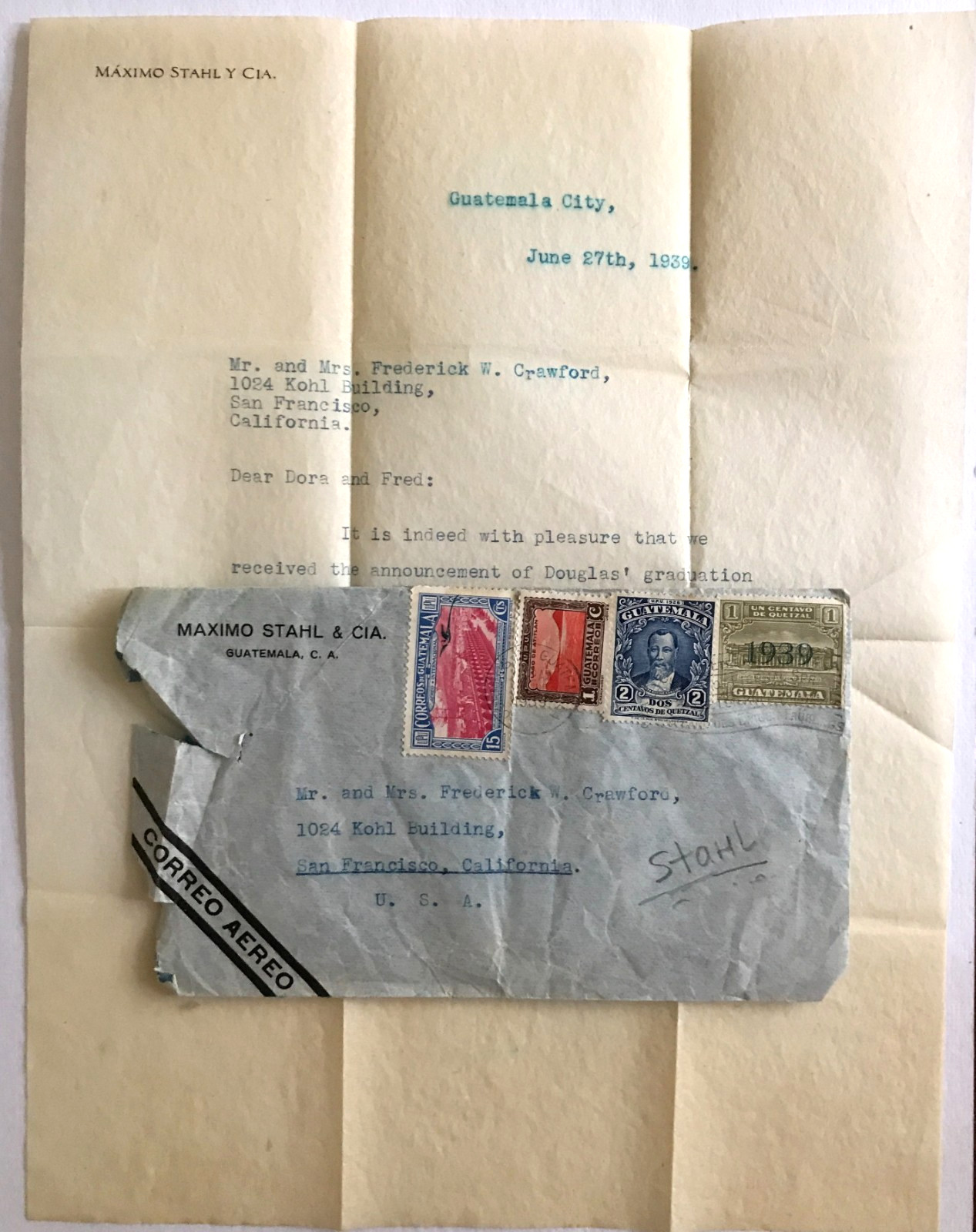 1939 Guatemala City - Stahl Autograph Letter, Postal Cover - Stamps
