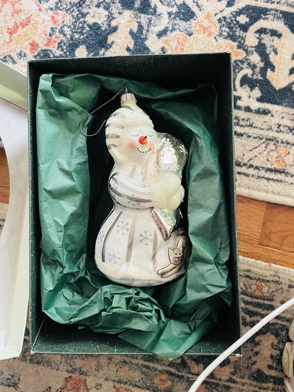 Krebs Glas Lauscha Glass Snowman Ornament w Cat & Snowball Germany Large 8”